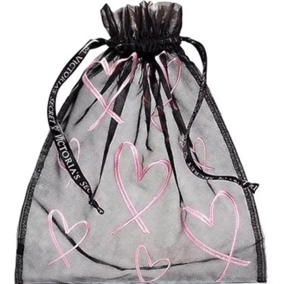 Victoria's Secret Handbags - NWOT Victoria's Secret Black Mesh Drawstring Pouch with Pink Hearts